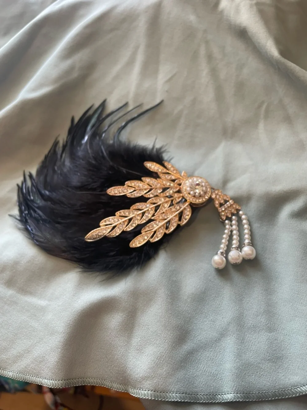 Gold-Tone Crystal & Pearl Feather Brooch with Black Feathers